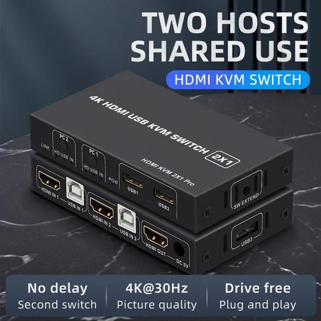 Alt view image 3 of 7 - 2 Ports HDMI KVM Switch USB HDMI KVM Switcher 4Kx2K@30Hz HDMI 1.4 for 2 Computer host sharing Monitor Mouse Keyboard Hub USB Device for PC Laptop Win7 Win10 MAC