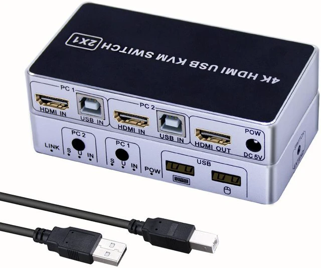Main image of 4K HDMI KVM Switch 2 In 1 Out Two Computers 2 Ports Hosts Share Mouse Keyboard Monitor Printer 2 PC Sharing USB Device,USB KVM Switcher Fast Switching,Plug and Play