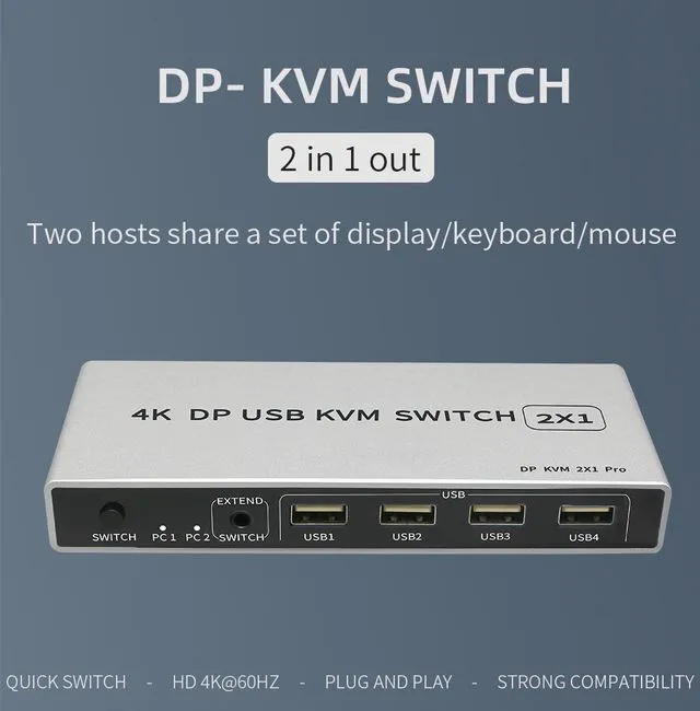 Alt view image 3 of 7 - 2 Ports Displayport KVM Switch Displayport USB Displayport KVM 144Hz DP Switcher 4KX2K/60Hz 2K/144Hz Displayport 2 in 1 out Displayport USB KVM Switcher 2 Desktop PC hosts Sharing Keyboard Mouse