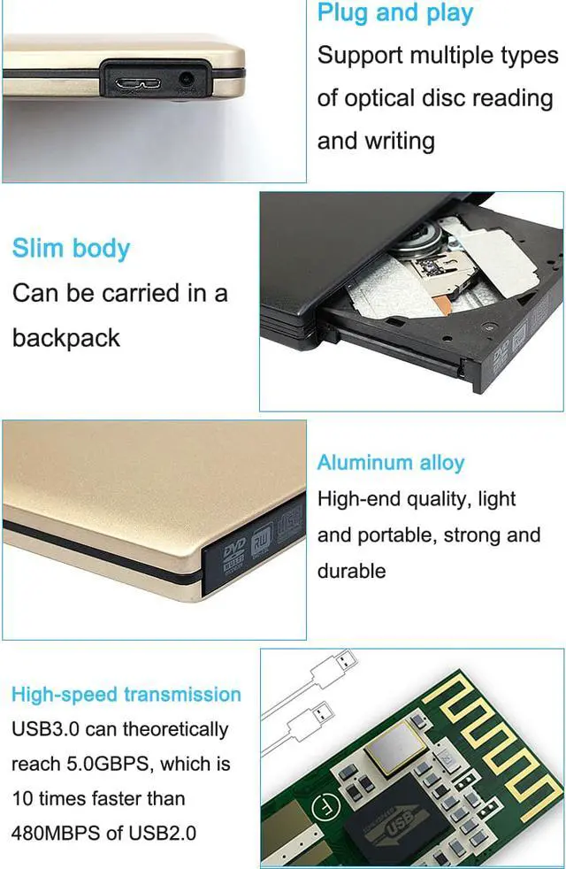 Alt view image 6 of 6 - Slight USB 3.0 Portable External DVD-RW/CD-RW Burner Writer Rewriter Optical Disc Drive CD DVD ROM Player Support Win Mac OS