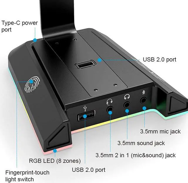 Alt view image 2 of 7 - Gaming Headset Stand Holder, Aluminum RGB 7.1 Surround Sound Headphone Headset Stand Holder Hanger Hook with USB Charger and 3.5mm AUX Port Universal