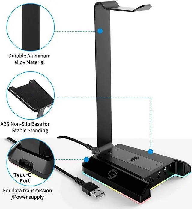 Alt view image 3 of 7 - Gaming Headset Stand Holder, Aluminum RGB 7.1 Surround Sound Headphone Headset Stand Holder Hanger Hook with USB Charger and 3.5mm AUX Port Universal