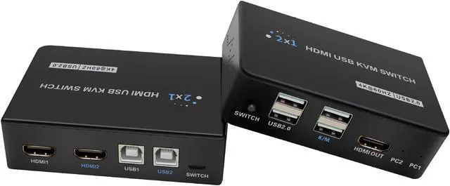 Main image of HDMI 2.0 KVM Switch 2 In 1 Out HDMI USB Switch Adapter Switcher 4Kx2K@60Hz EDID Two Computer Hosts Sharing USB Device,Printer, Scanner,Keyboard,Mouse,HDMI Monitor Wire Control/Body Button