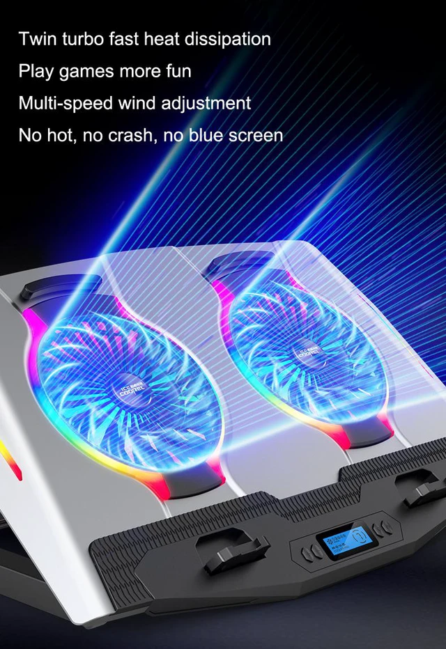 Alt view image 4 of 8 - Aluminum Alloy RGB Laptop Cooler Stand Dual-Turbo 140mm Fans Dual-USB Silent and Wind-Powered 6-speed Adjustment Laptop Cooler Pad Compatible with Laptops Notebook PC Under 21 inches