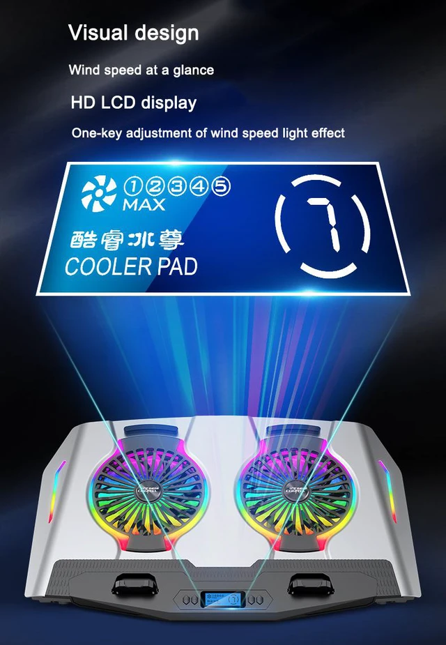 Alt view image 5 of 8 - Aluminum Alloy RGB Laptop Cooler Stand Dual-Turbo 140mm Fans Dual-USB Silent and Wind-Powered 6-speed Adjustment Laptop Cooler Pad Compatible with Laptops Notebook PC Under 21 inches