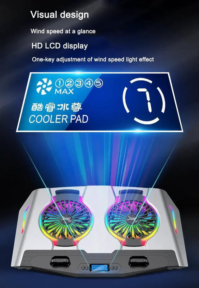 Alt view image 4 of 8 - Aluminum Alloy RGB Laptop Cooler Stand Dual-Turbo 140mm Fans Dual-USB Silent and Wind-Powered 6-speed Adjustment Laptop Cooler Pad Compatible with Laptops Notebook PC Under 21 inches