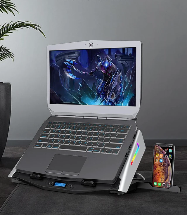 Alt view image 7 of 8 - Aluminum Alloy RGB Laptop Cooler Stand Dual-Turbo 140mm Fans Dual-USB Silent and Wind-Powered 6-speed Adjustment Laptop Cooler Pad Compatible with Laptops Notebook PC Under 21 inches