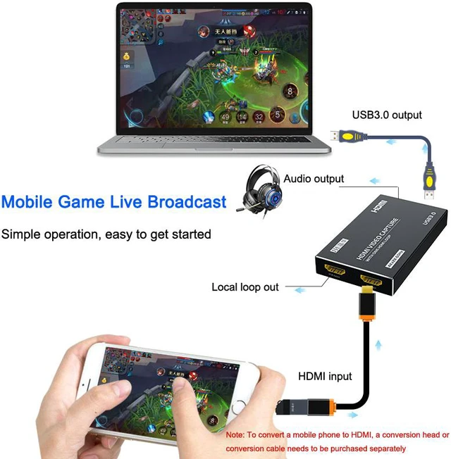 Alt view image 4 of 8 - 4K HDMI Video Capture Card USB3.0 1080p 60Hz Capture Card Screen Dongle Game Streaming Live Broadcasts Video Recording With Video HDMI Loop Out Audio Microphone Input For Linux Mac OS Windows PS4