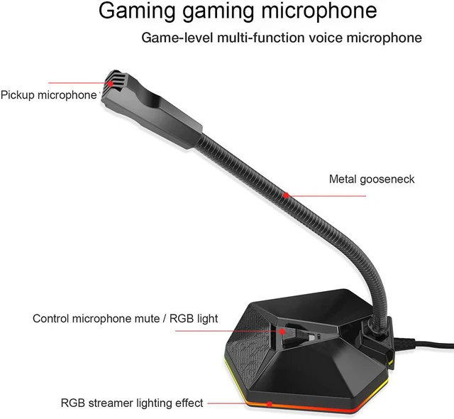 Alt view image 2 of 8 - Adjustable USB Desktop Microphone 7.1 Sound USB Plug RGB Light 360 Degree Flexible Omnidirectional Gaming Live Streaming Microphone for Computer PC Laptop