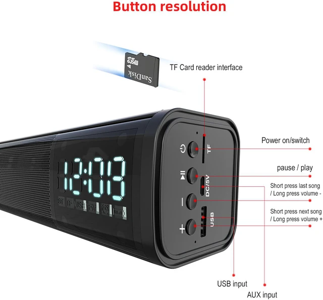 Alt view image 3 of 8 - Rechargeable Wireless Bluetooth 5.0 Speaker TV Sound Bar Theater Surround Subwoofer with Microphone Hands-Free Calls Support TF Card Playback USB AUX-IN