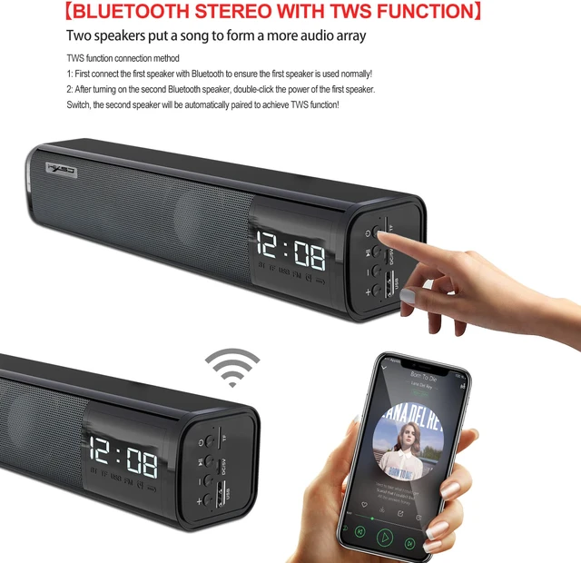 Alt view image 6 of 8 - Rechargeable Wireless Bluetooth 5.0 Speaker TV Sound Bar Theater Surround Subwoofer with Microphone Hands-Free Calls Support TF Card Playback USB AUX-IN