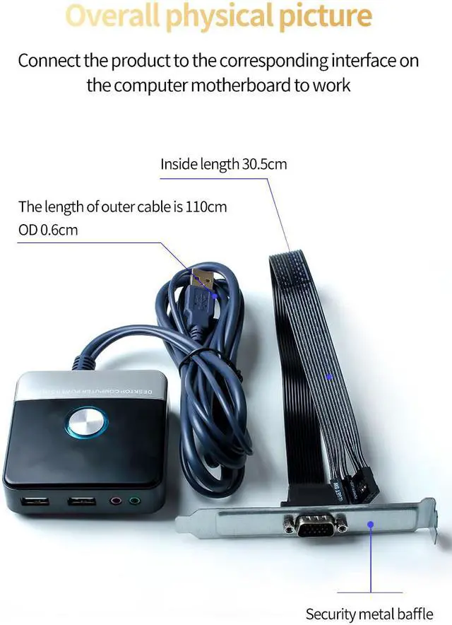Alt view image 7 of 8 - Desktop Computer Power Switch Motherboard Power Supply Button Switch cables Comb on/off Reset Switch Power LED 2* USB 2* 3.5mm Audio PC Wire Control (Paste Version)