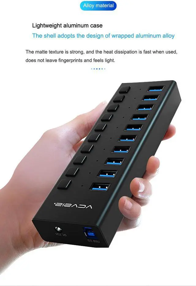 Alt view image 2 of 8 - Acasis Multi USB 3.0 Hub 10 ports High Speed With ON OFF Switch Adapter Splitter USB Expander Computer Accessories