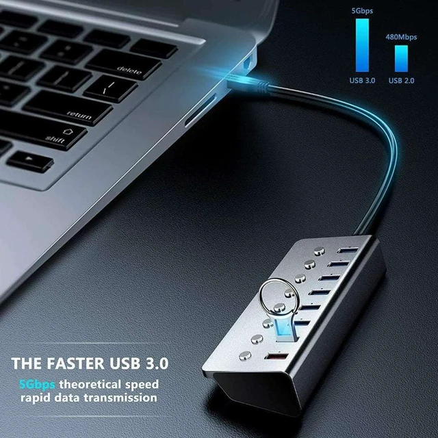 Alt view image 6 of 8 - Aluminum Alloy 8-port USB3.0 Splitter 7 Port Computer Extended USB HUB 1 Port Fast Charging Adapter External 5V3A Power Supply