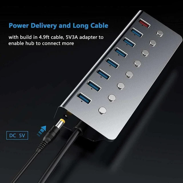 Alt view image 4 of 8 - Aluminum Alloy 8-port USB3.0 Splitter 7 Port Computer Extended USB HUB 1 Port Fast Charging Adapter External 5V3A Power Supply