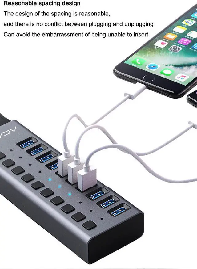 Alt view image 3 of 8 - Acasis Multi USB 3.0 Hub 10 ports High Speed With ON OFF Switch Adapter Splitter USB Expander Computer Accessories