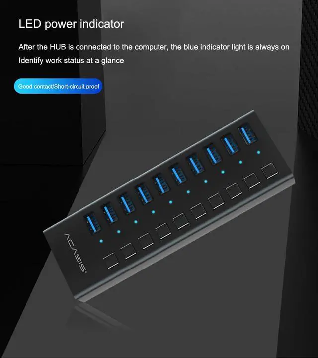 Alt view image 6 of 8 - Acasis Multi USB 3.0 Hub 10 ports High Speed With ON OFF Switch Adapter Splitter USB Expander Computer Accessories