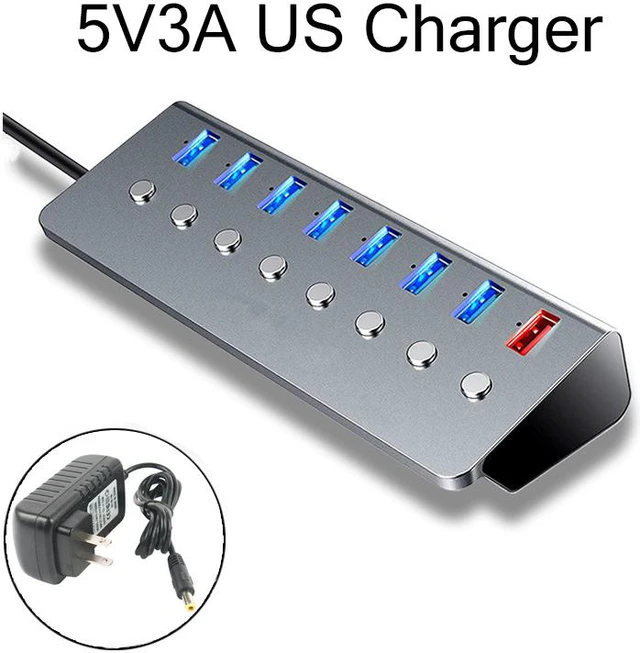 Alt view image 2 of 8 - Aluminum Alloy 8-port USB3.0 Splitter 7 Port Computer Extended USB HUB 1 Port Fast Charging Adapter External 5V3A Power Supply