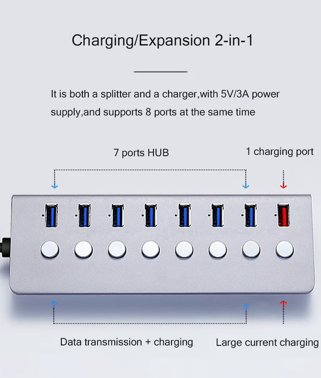 Alt view image 7 of 8 - Aluminum Alloy 8-port USB3.0 Splitter 7 Port Computer Extended USB HUB 1 Port Fast Charging Adapter External 5V3A Power Supply