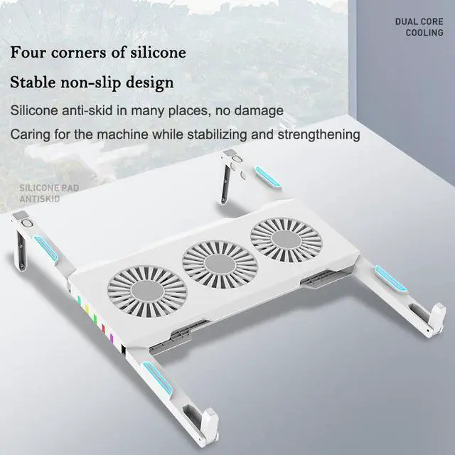 Alt view image 4 of 8 - Portable Foldable RGB Laptop Cooler Stand with 3 Quiet Cooling Fan Notebook PC Cooling Bracket for Laptop within 18 Inches