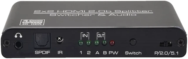 Alt view image 3 of 8 - 4K@60 2 In 2 Out HDMI 2.0 Switcher Splitter 2x 2 HDMI 1x Toslink 1x 3.5mm Jack Switch 3D HDR HDCP2.2 18Gbps Bandwidth with IR Remote Control