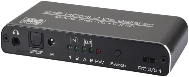 Alt view image 5 of 8 - 4K@60 2 In 2 Out HDMI 2.0 Switcher Splitter 2x 2 HDMI 1x Toslink 1x 3.5mm Jack Switch 3D HDR HDCP2.2 18Gbps Bandwidth with IR Remote Control