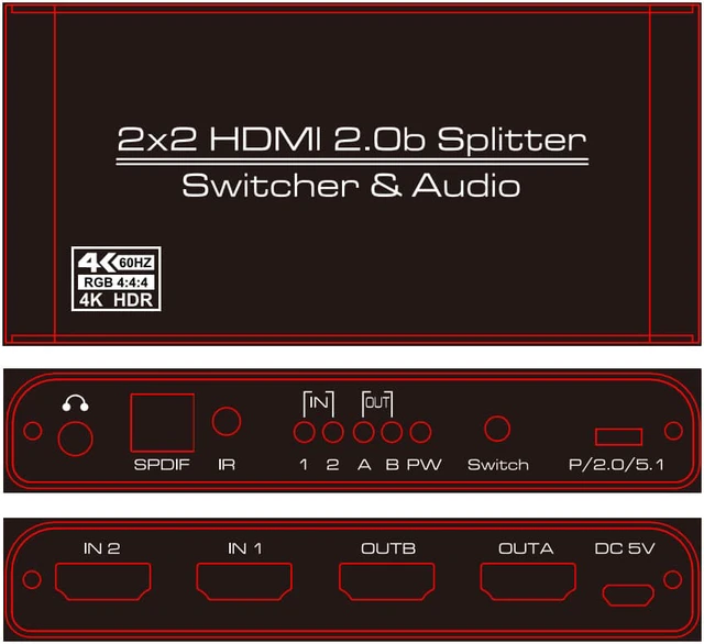 Alt view image 7 of 8 - 4K@60 2 In 2 Out HDMI 2.0 Switcher Splitter 2x 2 HDMI 1x Toslink 1x 3.5mm Jack Switch 3D HDR HDCP2.2 18Gbps Bandwidth with IR Remote Control