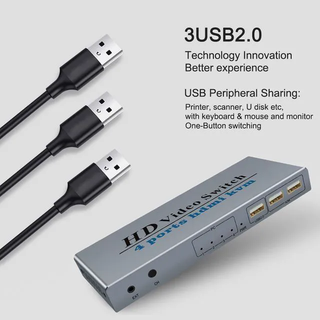 Alt view image 6 of 8 - 4 Ports HDMI KVM Switch 4 IN 1 Out HDMI Switcher Splitter for Sharing Monitor Keyboard Mouse Adaptive EDID/HDCP Decryption