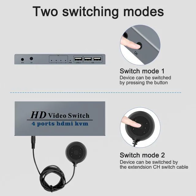 Alt view image 5 of 8 - 4 Ports HDMI KVM Switch 4 IN 1 Out HDMI Switcher Splitter for Sharing Monitor Keyboard Mouse Adaptive EDID/HDCP Decryption