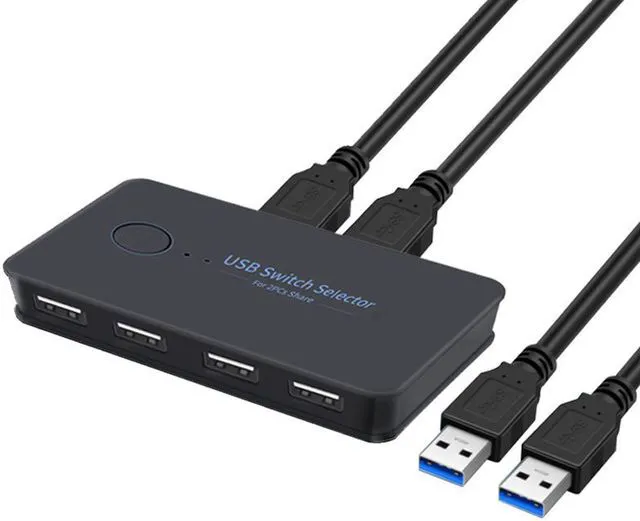 Main image of USB KVM Switch Selector 2 Computers 4-Port USB 2.0 Peripheral Sharing Switch Hub Adapter for Keyboard, Mouse, U-disk, Printer, KVM One-Second Switcher Compatible with Mac / Windows / Linux