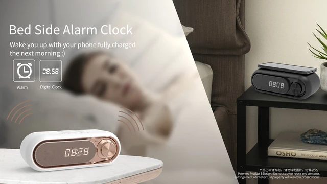 Alt view image 6 of 8 - Bluetooth Speaker Portable Audio Subwoofer Built-in Qi Wireless Charger LED Alarm Clock Built-in White Noise Support TF Card AUX FM Radio