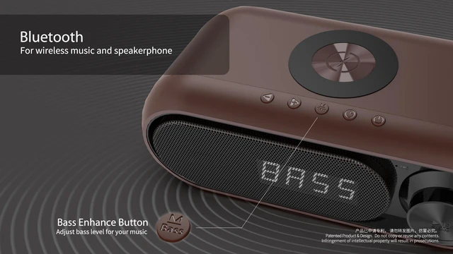 Alt view image 4 of 8 - Bluetooth Speaker Portable Audio Subwoofer Built-in Qi Wireless Charger LED Alarm Clock Built-in White Noise Support TF Card AUX FM Radio