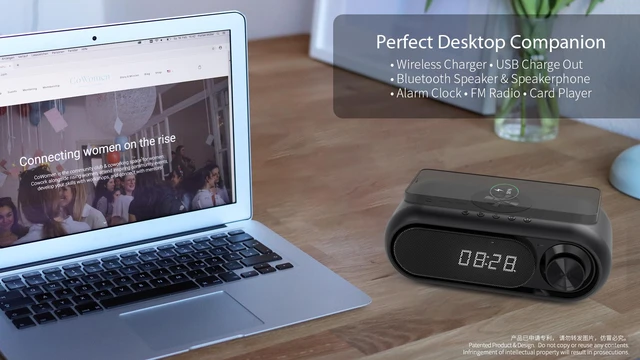 Alt view image 2 of 8 - Bluetooth Speaker Portable Audio Subwoofer Built-in Qi Wireless Charger LED Alarm Clock Built-in White Noise Support TF Card AUX FM Radio