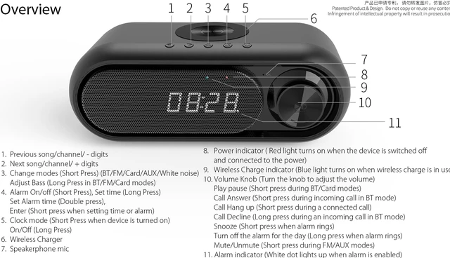 Alt view image 7 of 8 - Bluetooth Speaker Portable Audio Subwoofer Built-in Qi Wireless Charger LED Alarm Clock Built-in White Noise Support TF Card AUX FM Radio