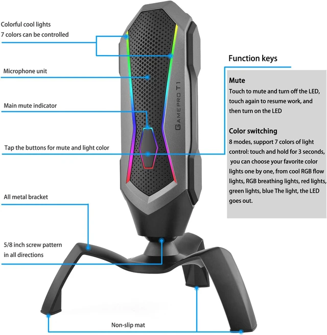 Alt view image 2 of 8 - RGB Gaming Recording Capacitor Microphone USB PC Chat Micr for Internet Celebrity Anchor Special Cool Style Microphone Remote Conference Teaching Clear Mic