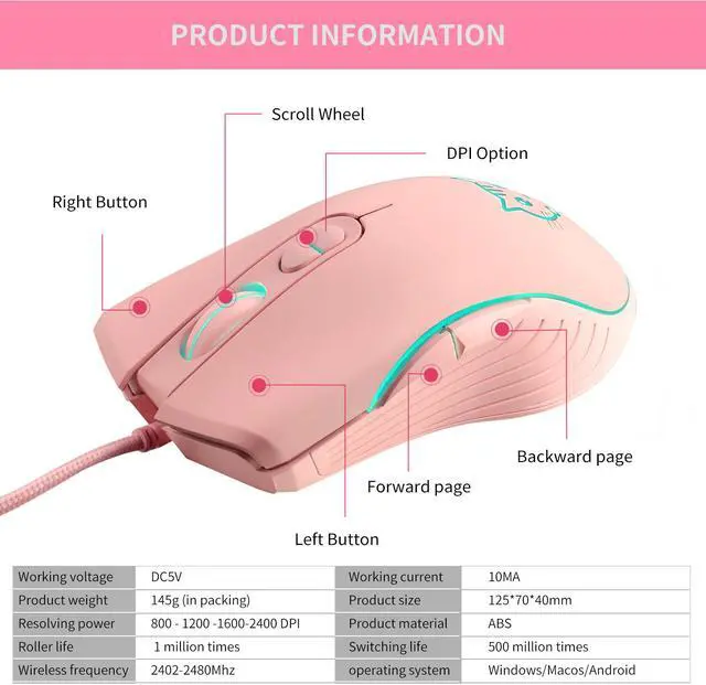Alt view image 3 of 7 - LUNA Cat Party Gaming Mouse USB Wired Lovely Mouse for Windows Macos Android 2400DPI