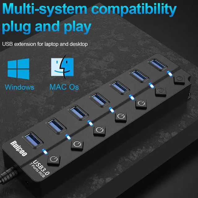 Alt view image 3 of 7 - USB Hub 3.0 High Speed 4 / 7 Port USB 3.0 Hub Splitter On/Off Switch with US Power Adapter for computer PC HUB USB 3.0
