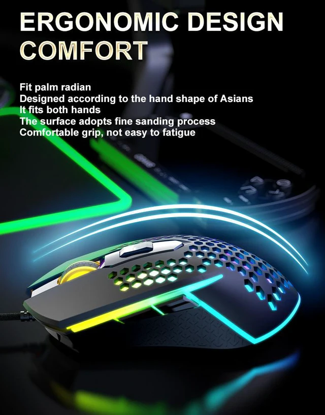 Alt view image 4 of 8 - New USB Wired Gaming Mouse Computer 3200 DPI 6 Buttons Mice Online Games Competitive Hollow Lightweight RGB Mouse Ergonomics Honeycomb Mat
