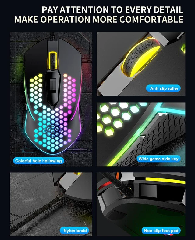 Alt view image 7 of 8 - New USB Wired Gaming Mouse Computer 3200 DPI 6 Buttons Mice Online Games Competitive Hollow Lightweight RGB Mouse Ergonomics Honeycomb Mat