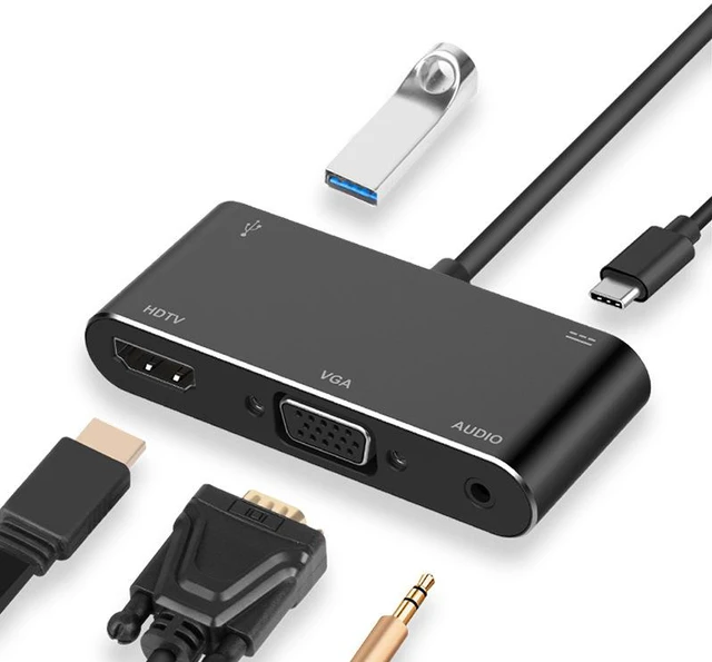 Main image of USB C to HDMI VGA Adapter, Type C Hub Adapter with 4K USB C to HDMI, USB C to VGA, USB 3.0 Port, Audio and Charging Port Compatible with Samsung S9/S8/Note 9/8/Apple MacBook/Nintendo Switch