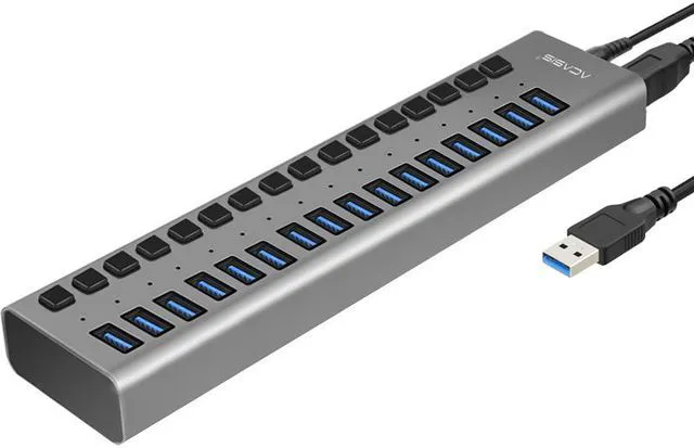 Main image of ACASIS USB 3.0 Hub Super Speed Splitter,16 Ports USB Data Hub with Power Adapter,Individual On/Off Switches and Lights for Laptop, PC, Computer, Mobile HDD, Flash Dr Each Port can Charge Grey