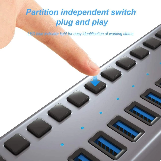 Alt view image 6 of 7 - ACASIS USB 3.0 Hub Super Speed Splitter,16 Ports USB Data Hub with Power Adapter,Individual On/Off Switches and Lights for Laptop, PC, Computer, Mobile HDD, Flash Dr Each Port can Charge Grey