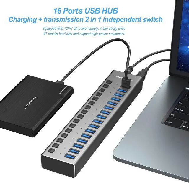 Alt view image 2 of 7 - ACASIS USB 3.0 Hub Super Speed Splitter,16 Ports USB Data Hub with Power Adapter,Individual On/Off Switches and Lights for Laptop, PC, Computer, Mobile HDD, Flash Dr Each Port can Charge Grey