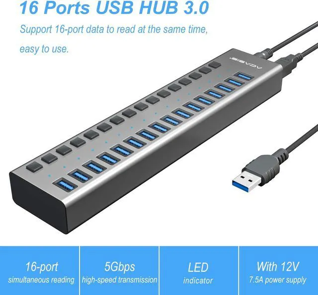 Alt view image 3 of 7 - ACASIS USB 3.0 Hub Super Speed Splitter,16 Ports USB Data Hub with Power Adapter,Individual On/Off Switches and Lights for Laptop, PC, Computer, Mobile HDD, Flash Dr Each Port can Charge Grey