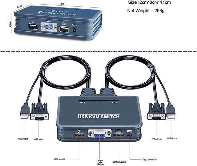 Alt view image 7 of 8 - 2 Port USB VGA KVM Switch,2 in 1 Out Dual Port VGA Monitor Selector Switcher Box for 2 PC Sharing 1 Video Monitor,USB Keyboard,USB Mouse