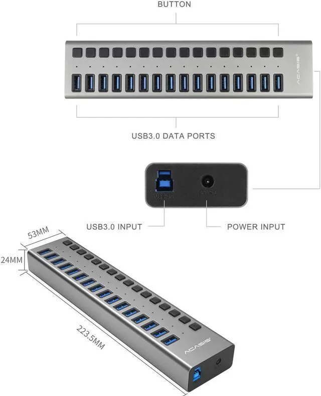 Alt view image 7 of 7 - ACASIS USB 3.0 Hub Super Speed Splitter,16 Ports USB Data Hub with Power Adapter,Individual On/Off Switches and Lights for Laptop, PC, Computer, Mobile HDD, Flash Dr Each Port can Charge Grey
