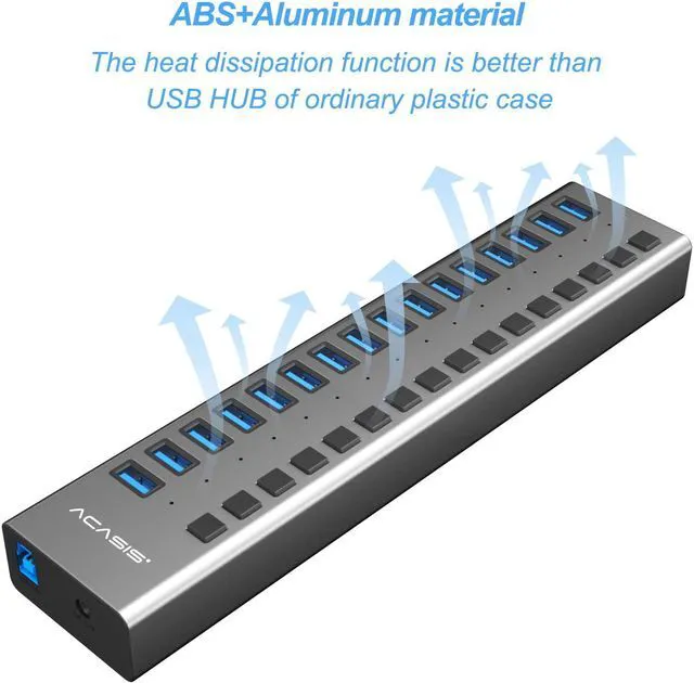 Alt view image 5 of 7 - ACASIS USB 3.0 Hub Super Speed Splitter,16 Ports USB Data Hub with Power Adapter,Individual On/Off Switches and Lights for Laptop, PC, Computer, Mobile HDD, Flash Dr Each Port can Charge Grey