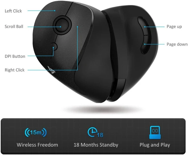 Alt view image 4 of 8 - 2.4 Ghz Wireless Vertical Mouse Ergonomic Wireless Vertical Mouse 800/1200/1600 DPI for Computer Laptop Game Office