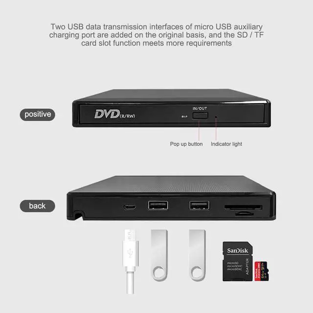 Alt view image 3 of 8 - 2 In 1 USB External Optical Drive Portable External Type-C CD Burner High Speed CD/DVD Player TF/SD Card Reader For Windows Linux Mac