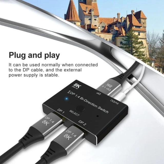 Alt view image 2 of 8 - Displayport 8K DP 1.4 Splitter Switch 2 Ports Bi-Direction 8K@60Hz 4K@144Hz Converter Ultra HD 8K 3D HDCP